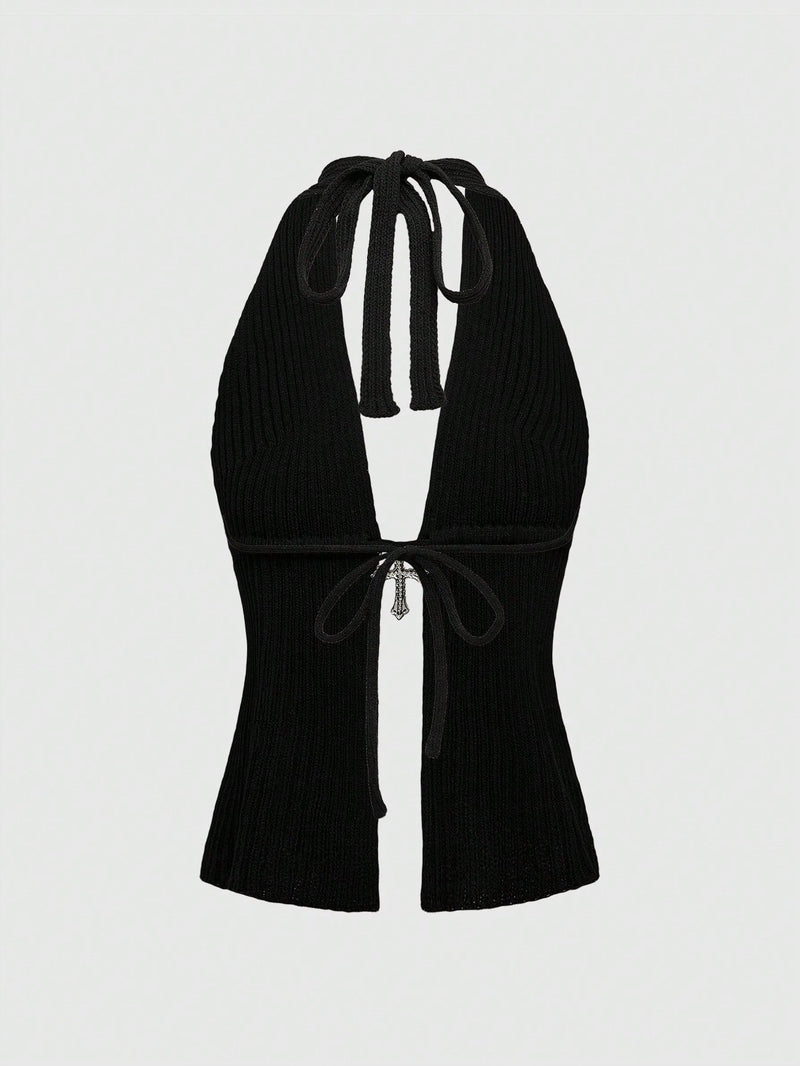 Cross Decor Backless Halter Knit Top