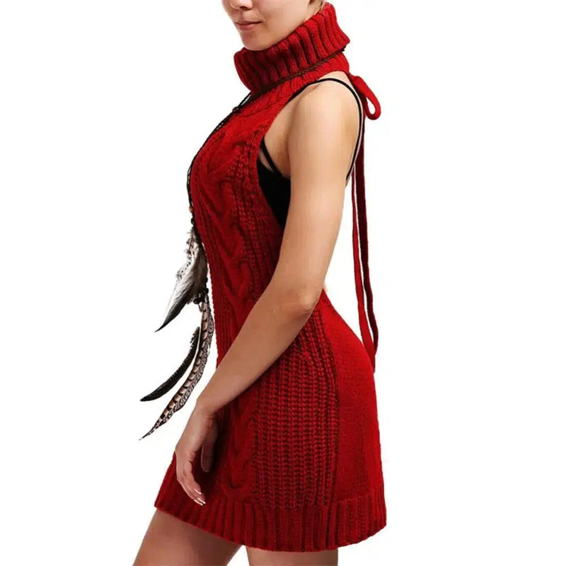 Women Knit Sweater  Backless Turtleneck Sleeveless Pullover