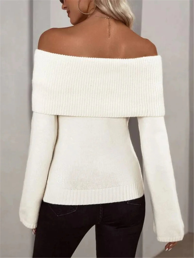 Tossy White Knit Sweater Pullover Female Off-Shoulder Slim Fashion Long Sleeve High Waist Backless Loose Knitwear Streetwear New