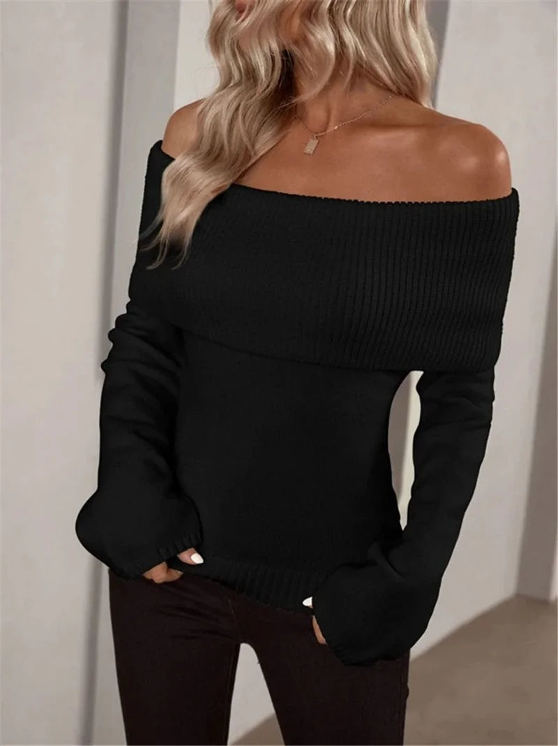 Tossy White Knit Sweater Pullover Female Off-Shoulder Slim Fashion Long Sleeve High Waist Backless Loose Knitwear Streetwear New