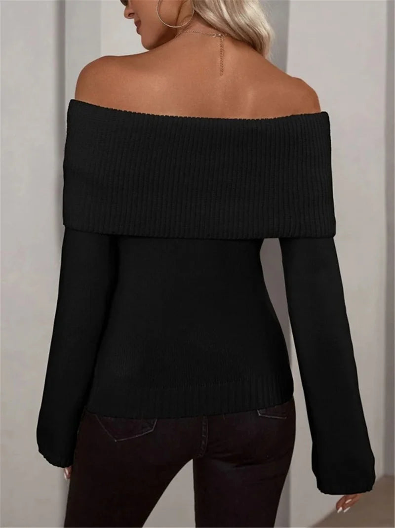 Tossy White Knit Sweater Pullover Female Off-Shoulder Slim Fashion Long Sleeve High Waist Backless Loose Knitwear Streetwear New