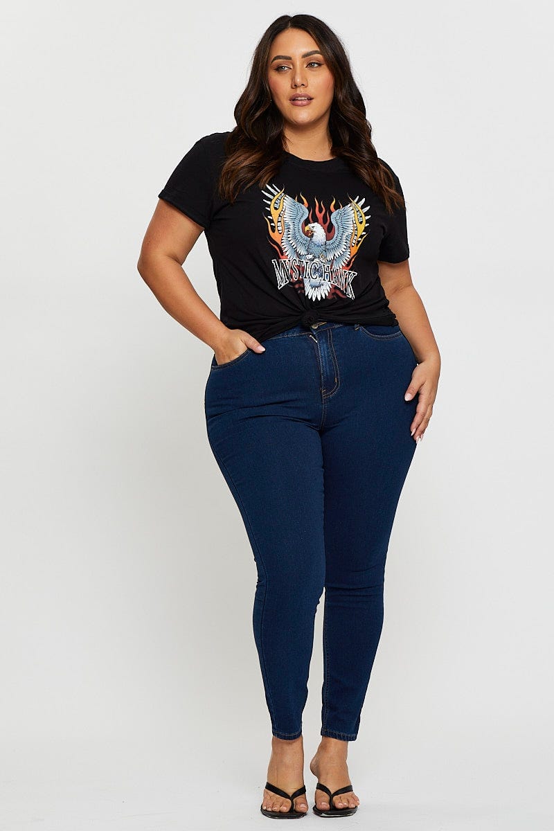 Black Graphic T-shirt Mystic Hawk Short Sleeve Cotton