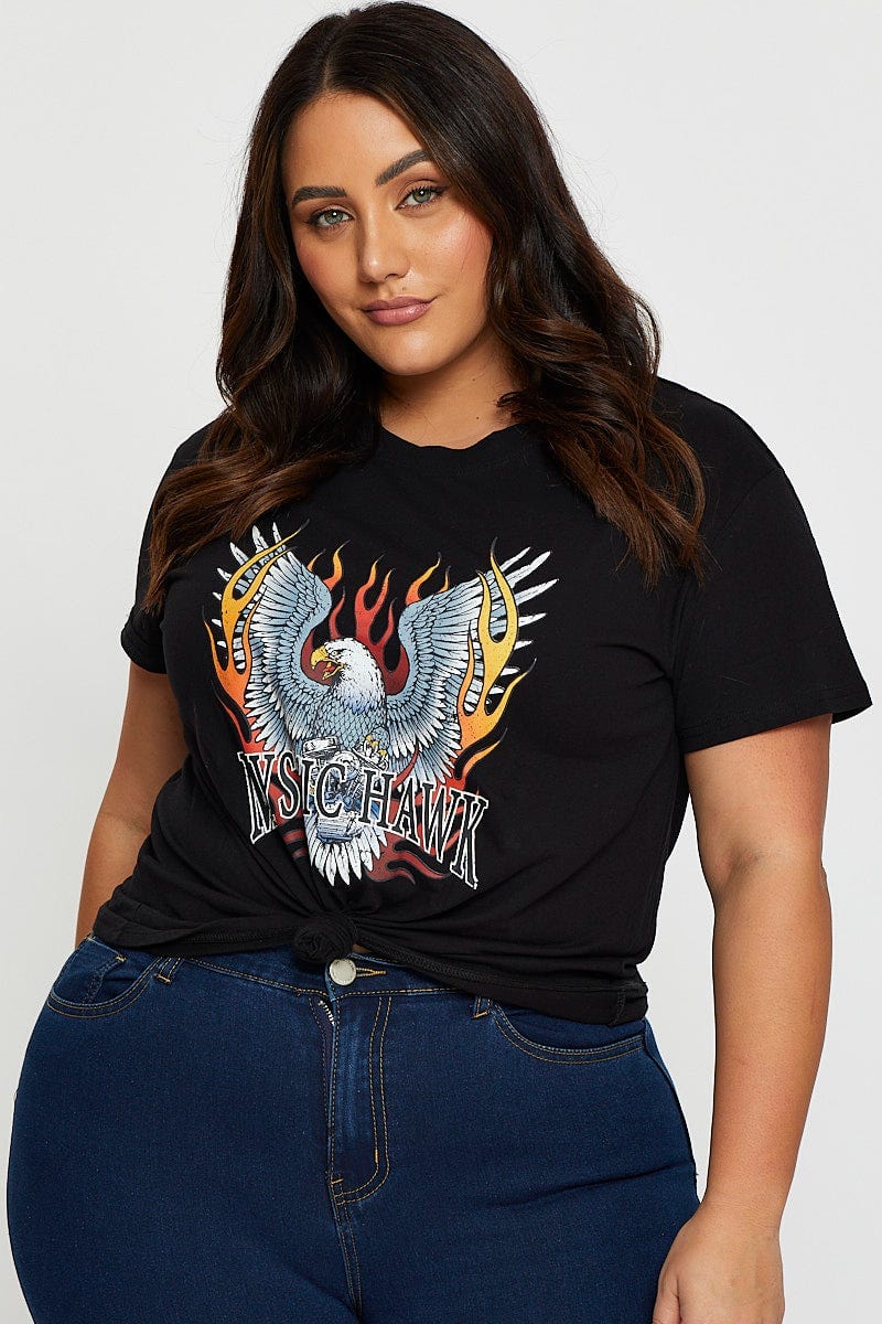 Black Graphic T-shirt Mystic Hawk Short Sleeve Cotton