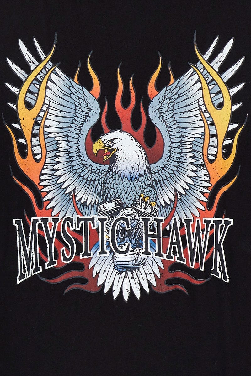 Black Graphic T-shirt Mystic Hawk Short Sleeve Cotton