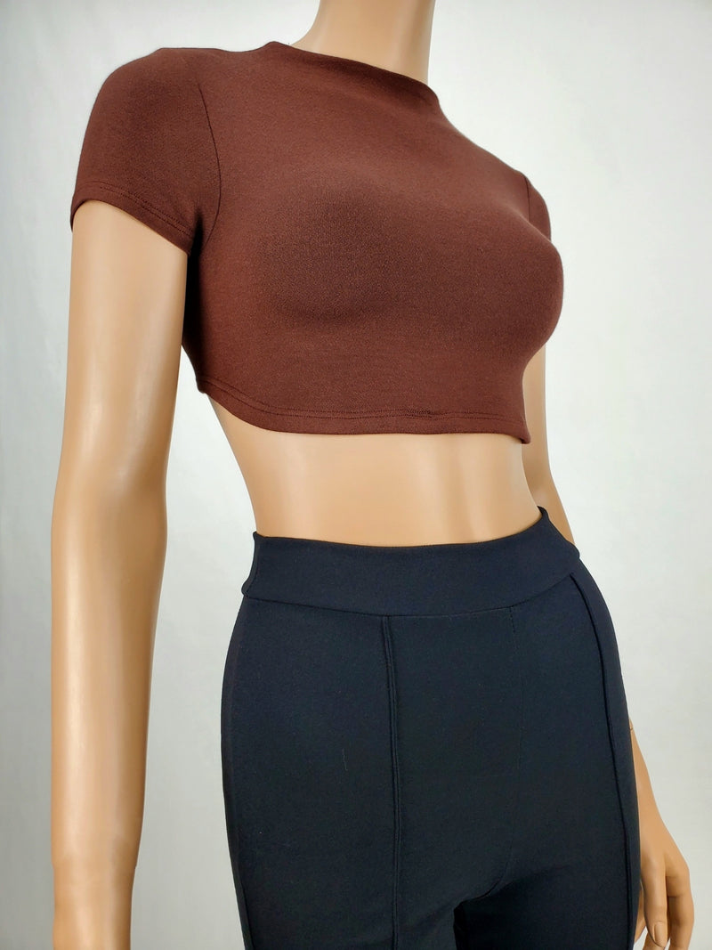Backless Tie Back Short Sleeve Crop Top Chocolate