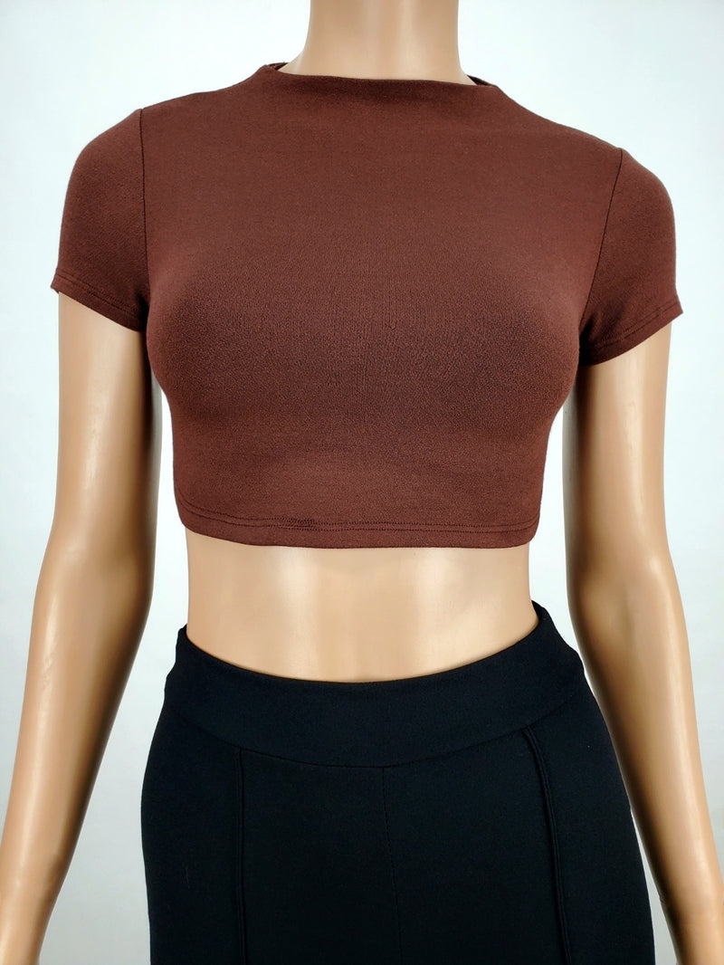 Backless Tie Back Short Sleeve Crop Top Chocolate