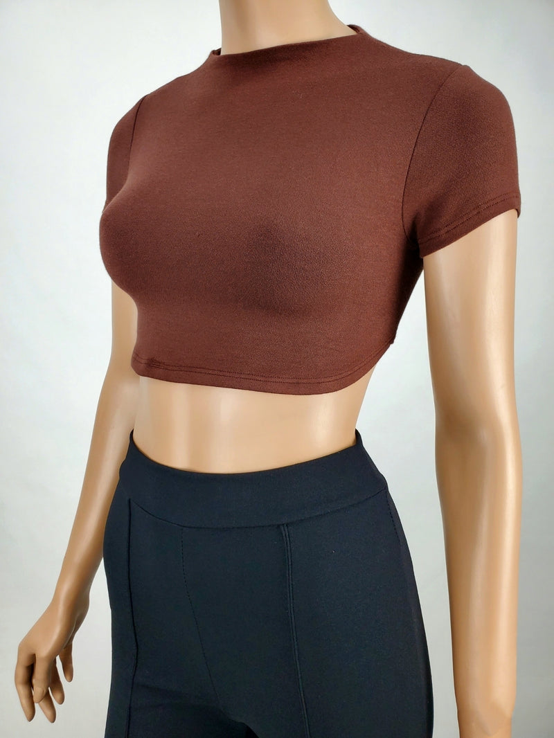Backless Tie Back Short Sleeve Crop Top Chocolate