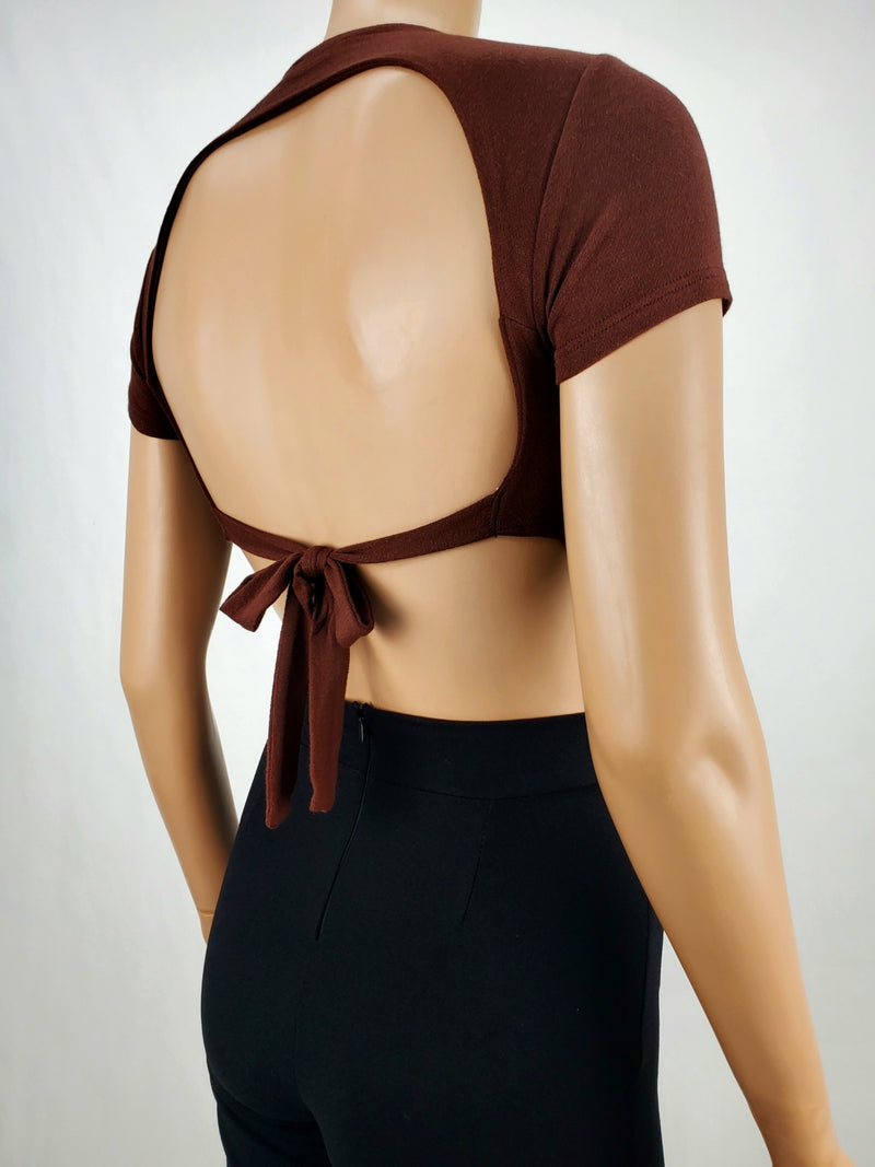 Backless Tie Back Short Sleeve Crop Top Chocolate