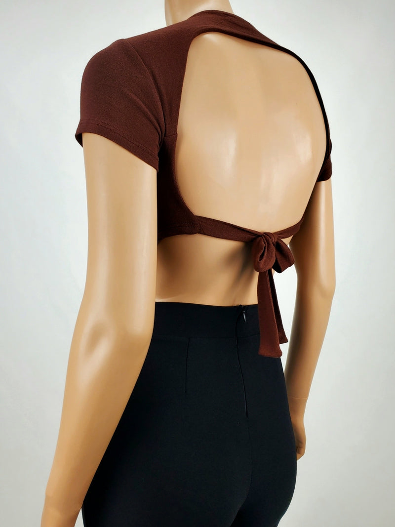 Backless Tie Back Short Sleeve Crop Top Chocolate
