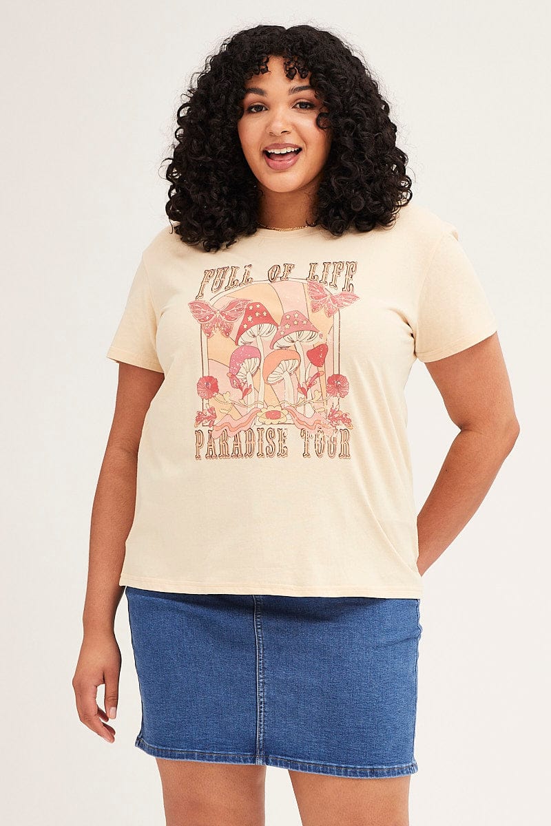 Beige Short Sleeve Round Neck Graphic T-shirt