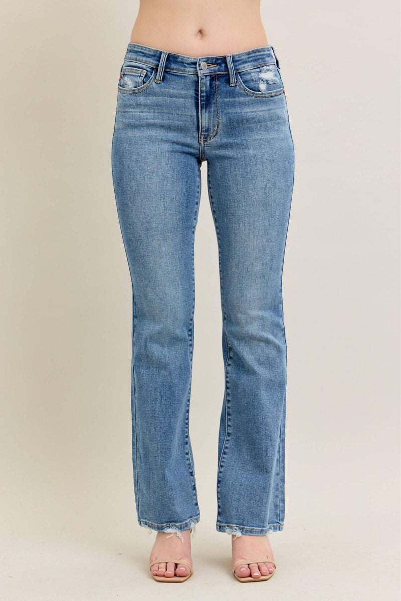 Judy Blue Mid Rise Vintage Wash Destroy Hem Bootcut Denim Jeans 82667