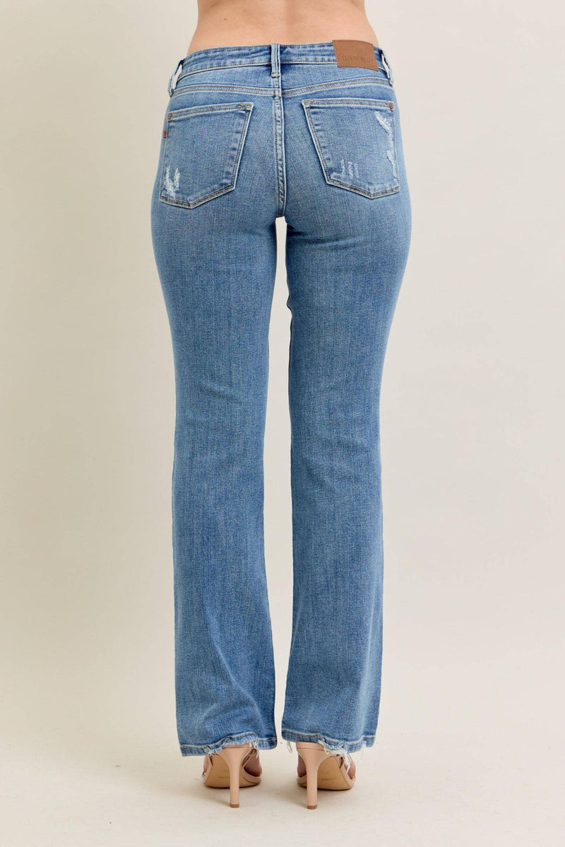 Judy Blue Mid Rise Vintage Wash Destroy Hem Bootcut Denim Jeans 82667