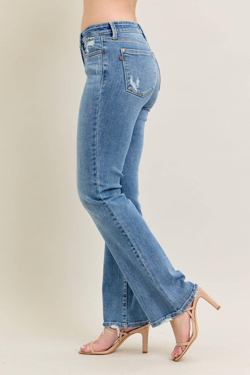 Judy Blue Mid Rise Vintage Wash Destroy Hem Bootcut Denim Jeans 82667