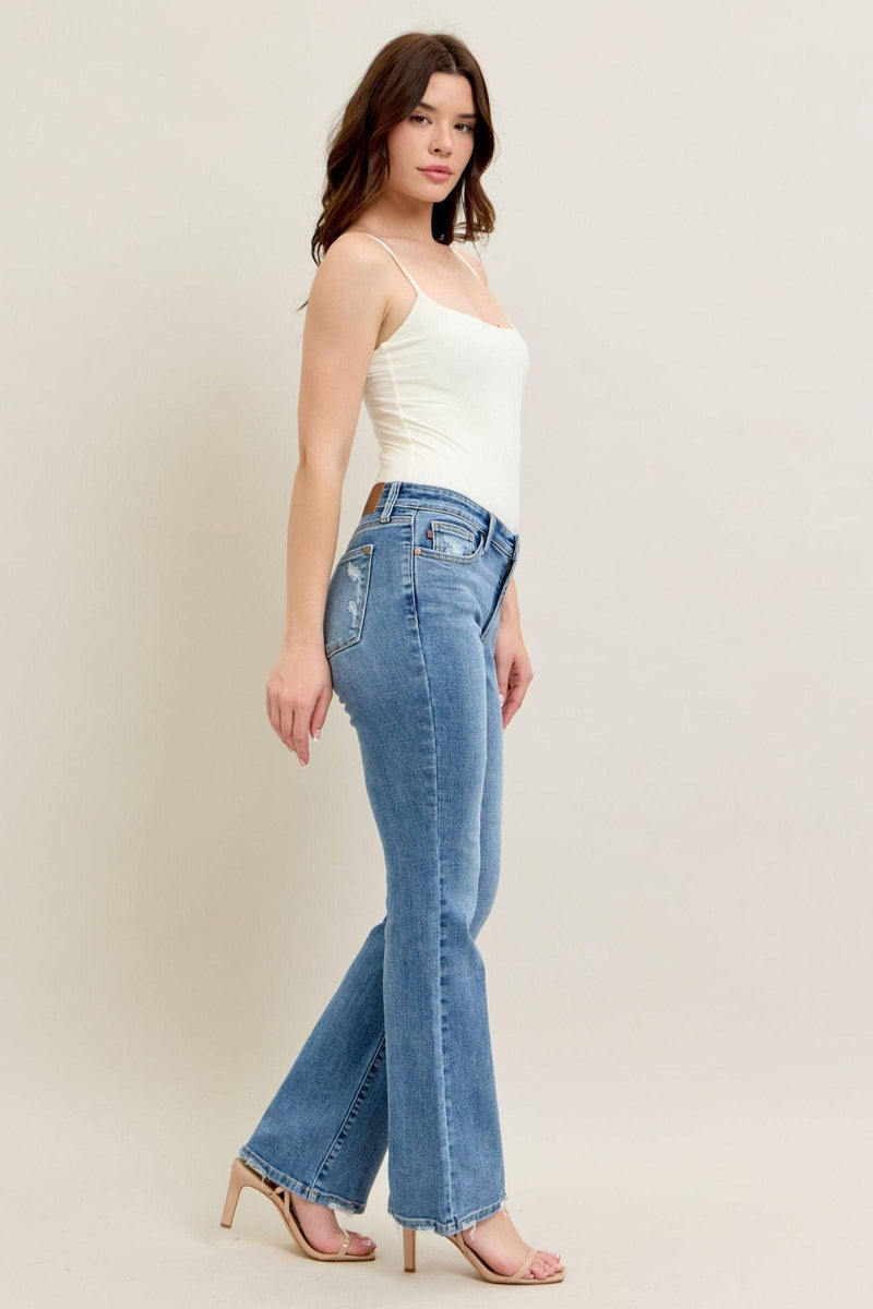 Judy Blue Mid Rise Vintage Wash Destroy Hem Bootcut Denim Jeans 82667