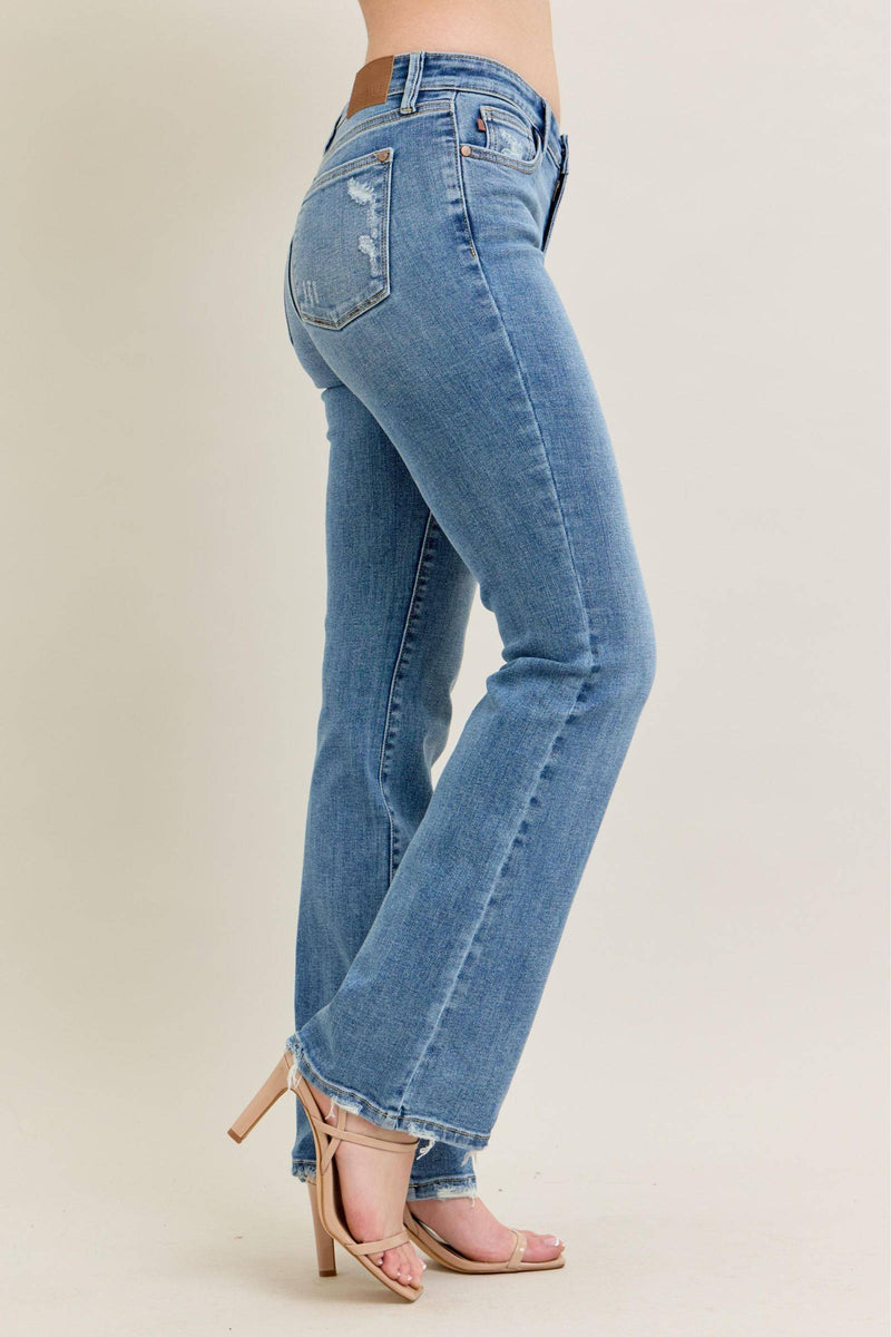 Judy Blue Mid Rise Vintage Wash Destroy Hem Bootcut Denim Jeans 82667