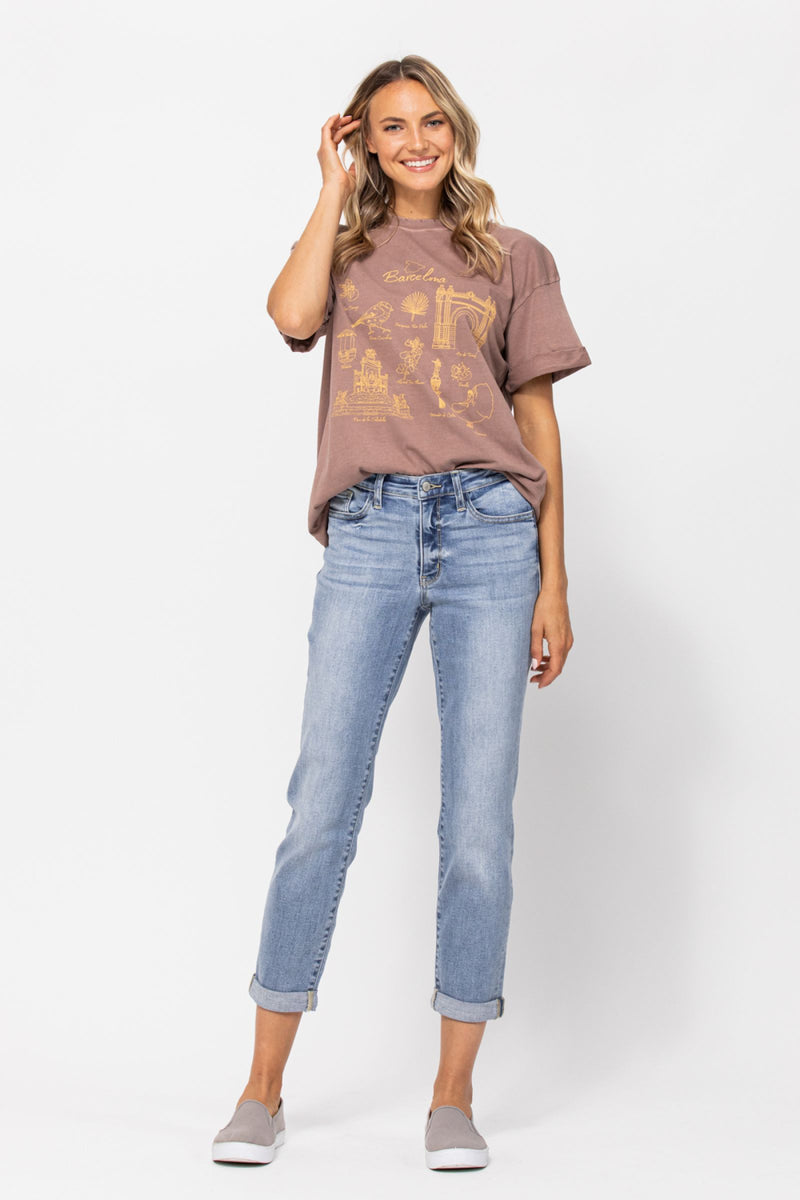 Judy Blue Mid Rise Bleach Wash Boyfriend Denim Jeans 82335