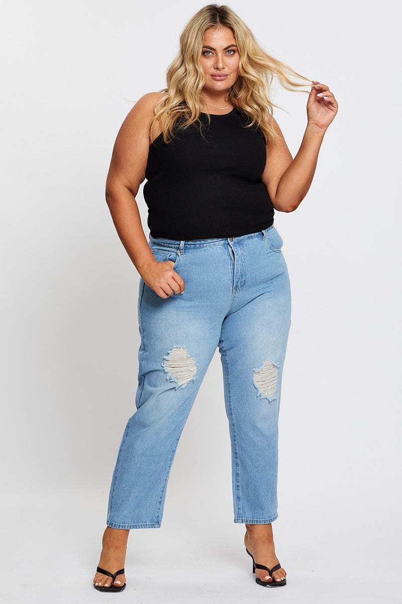 Blue High Rise Straight Denim Jeans