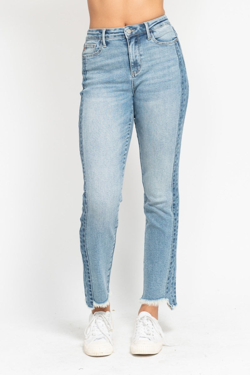 Judy Blue High Waist Vintage Wash Side Panel Detail & Hi Lo Fray Hem Slim Denim Jeans 88536