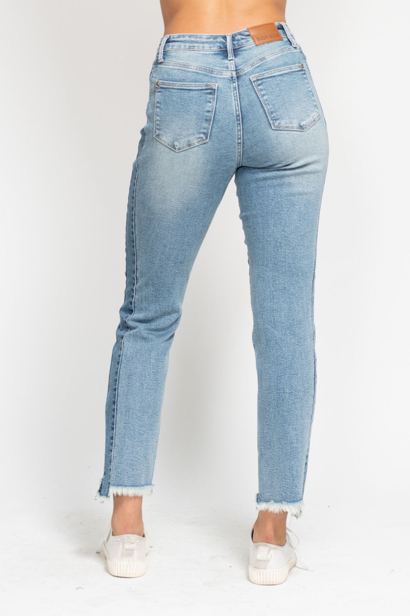 Judy Blue High Waist Vintage Wash Side Panel Detail & Hi Lo Fray Hem Slim Denim Jeans 88536