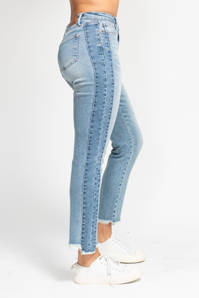Judy Blue High Waist Vintage Wash Side Panel Detail & Hi Lo Fray Hem Slim Denim Jeans 88536