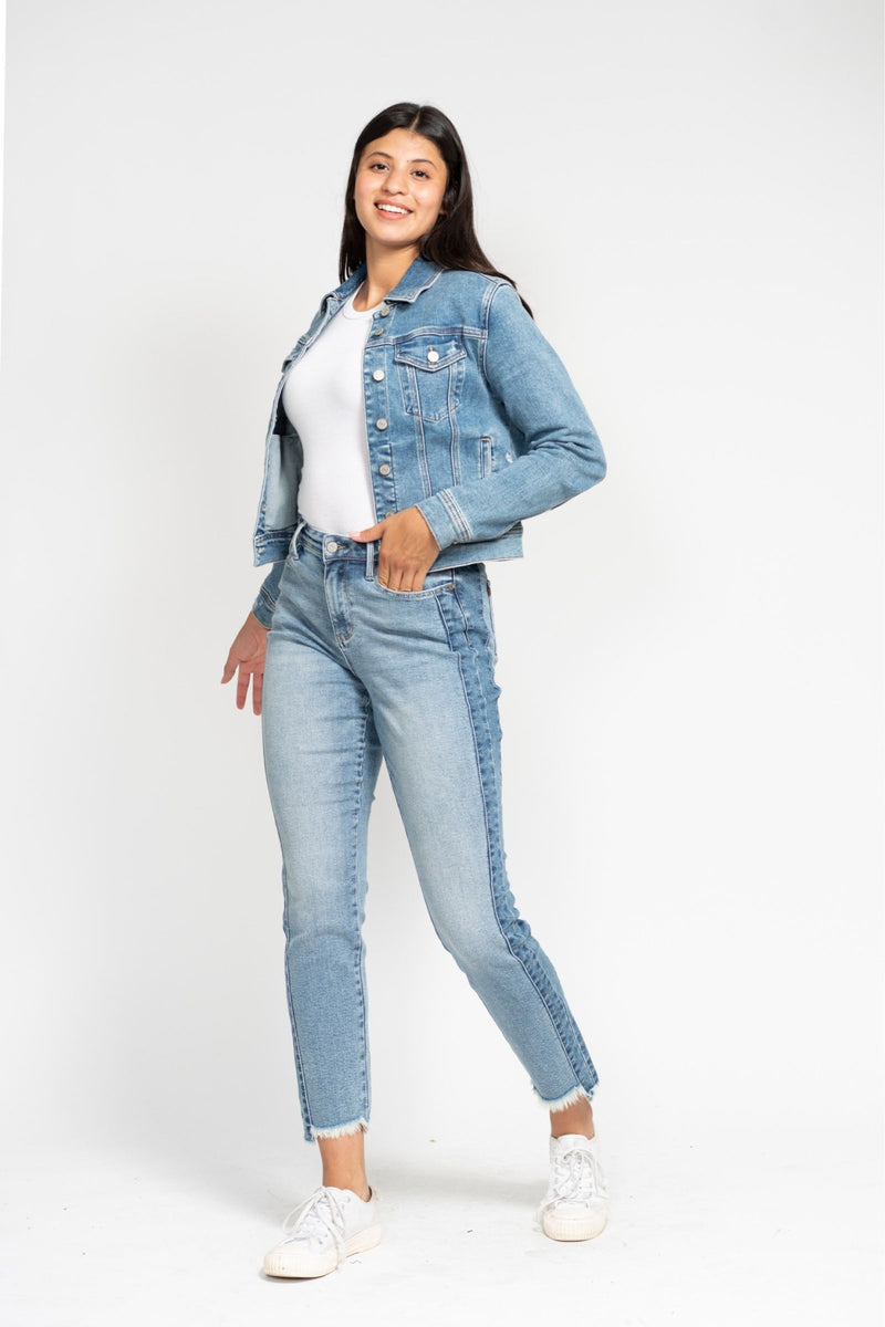 Judy Blue High Waist Vintage Wash Side Panel Detail & Hi Lo Fray Hem Slim Denim Jeans 88536