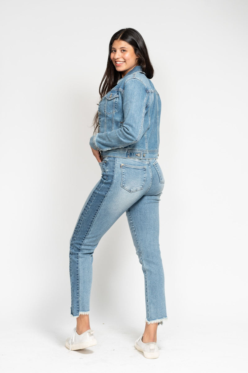Judy Blue High Waist Vintage Wash Side Panel Detail & Hi Lo Fray Hem Slim Denim Jeans 88536