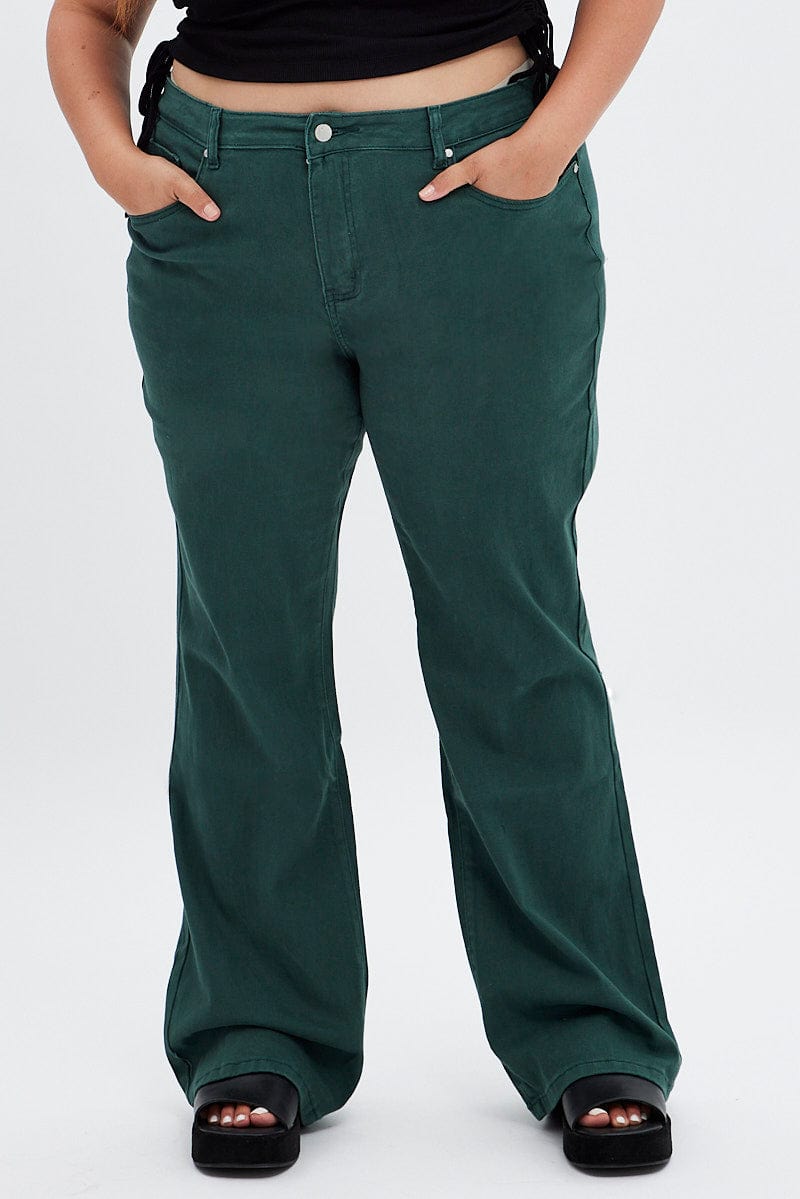 Green Flare Denim Jeans High Rise