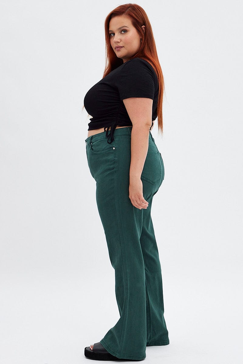 Green Flare Denim Jeans High Rise