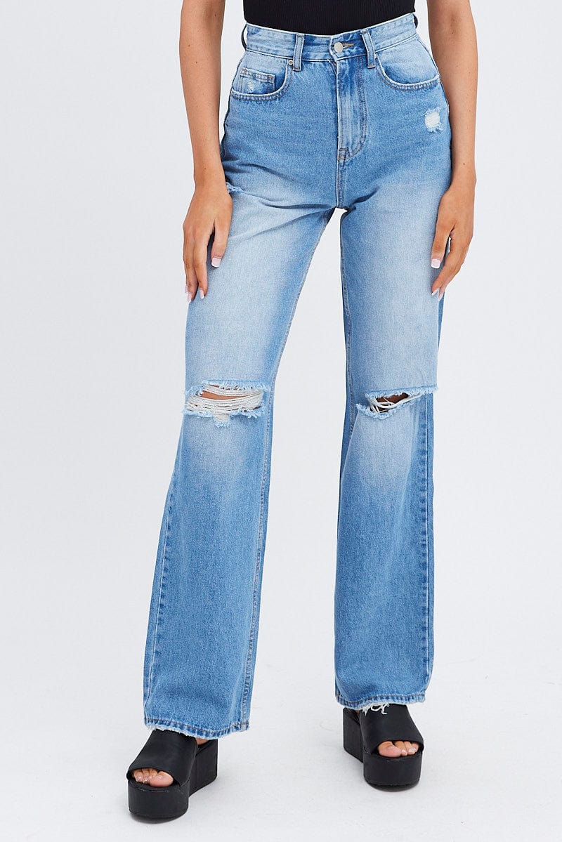 Blue Wide Leg Denim Jeans High rise