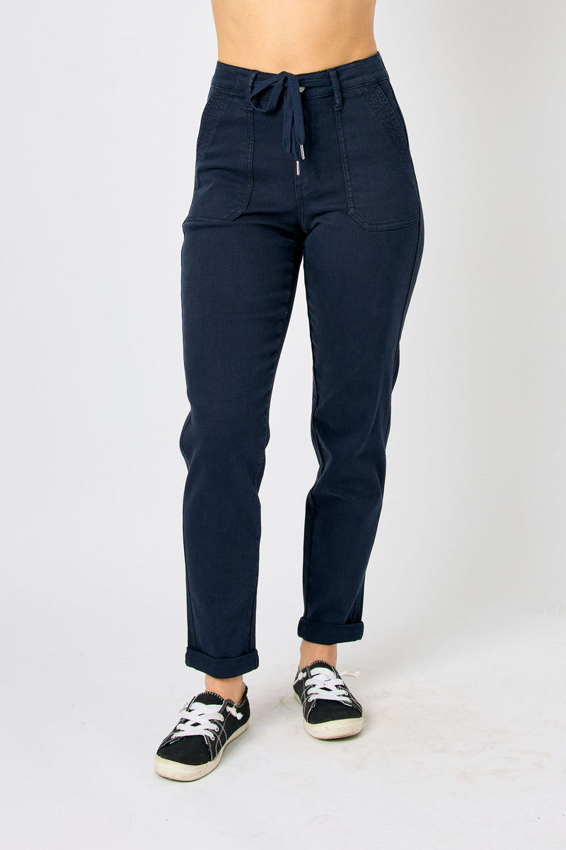 Judy Blue High Waist Garment Dyed Navy Cuffed Jogger Denim Jeans 88813