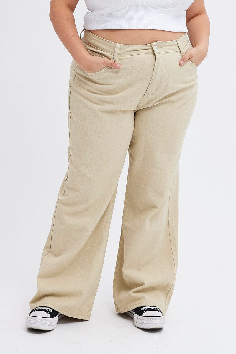 Beige Wide Leg Denim Jeans High Rise