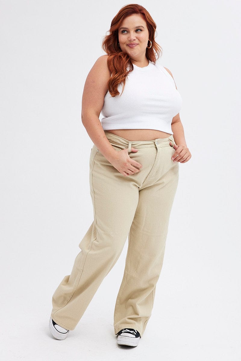 Beige Wide Leg Denim Jeans High Rise