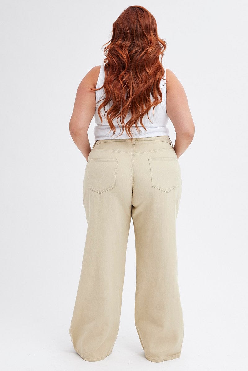 Beige Wide Leg Denim Jeans High Rise