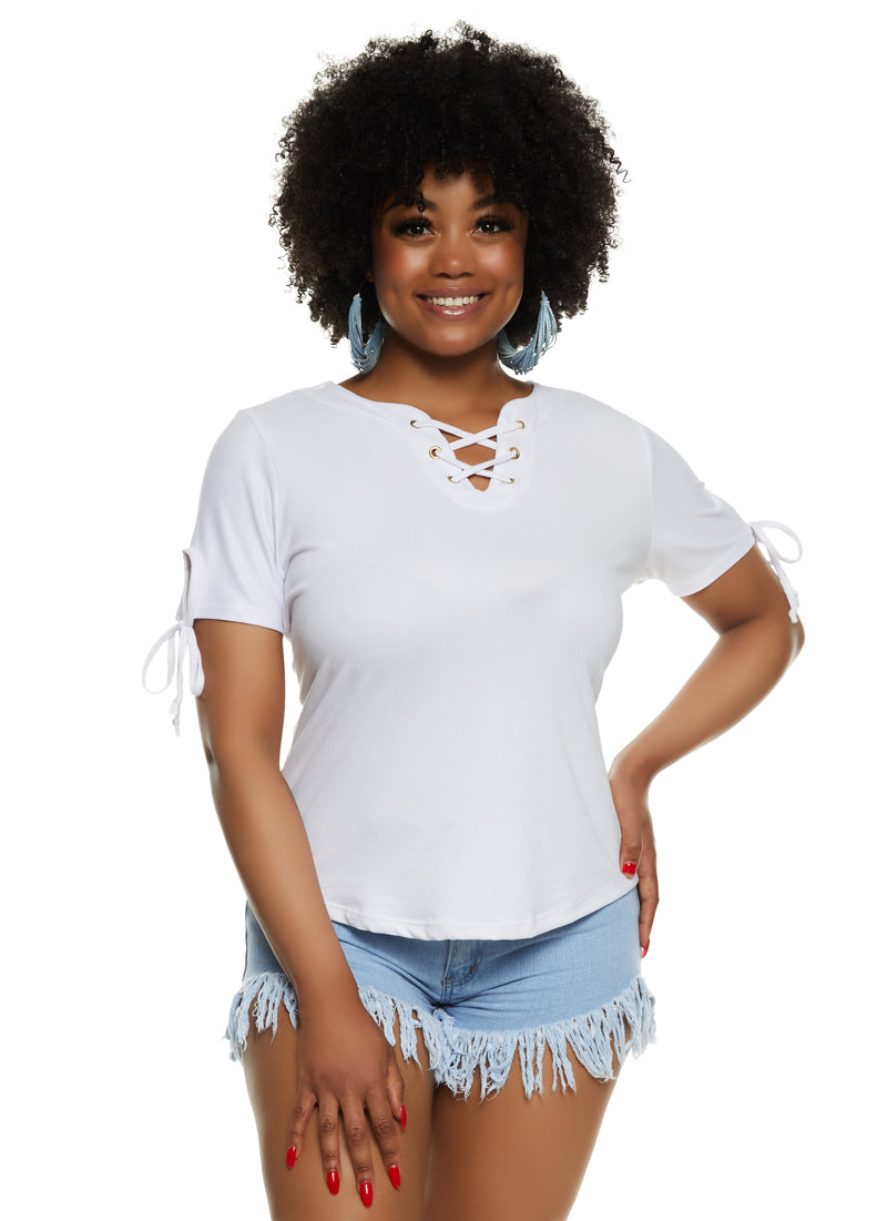 Plus Size Lace Up Notch Neck Tie Sleeve Tee