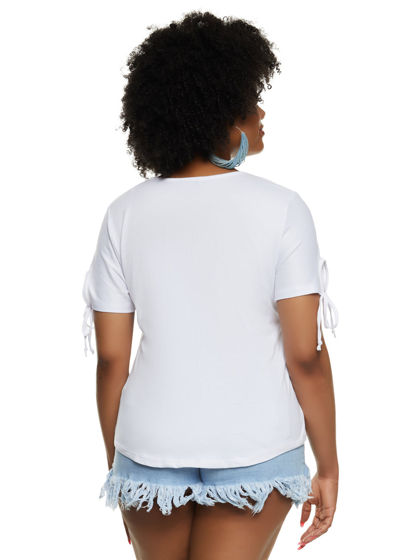 Plus Size Lace Up Notch Neck Tie Sleeve Tee