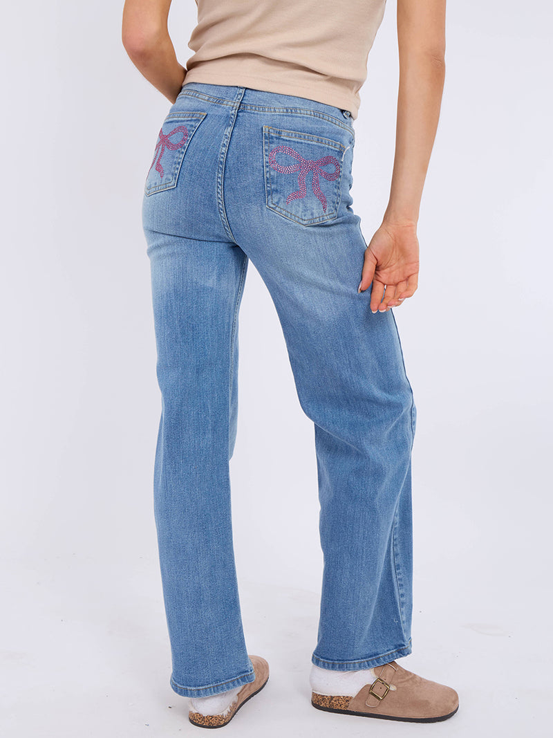 Straight Leg Denim Jeans With Bow Detail