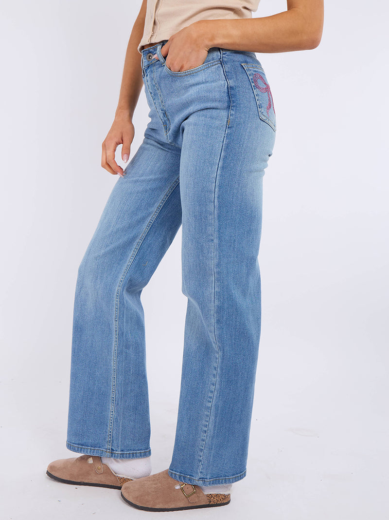 Straight Leg Denim Jeans With Bow Detail