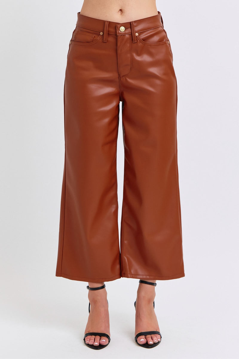 Judy Blue High Waist Tummy Control Camel Faux Leather Wide Leg Crop Denim Jeans 88900