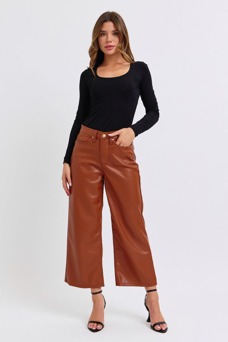 Judy Blue High Waist Tummy Control Camel Faux Leather Wide Leg Crop Denim Jeans 88900