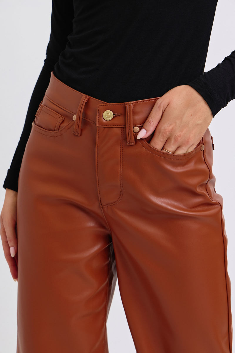 Judy Blue High Waist Tummy Control Camel Faux Leather Wide Leg Crop Denim Jeans 88900