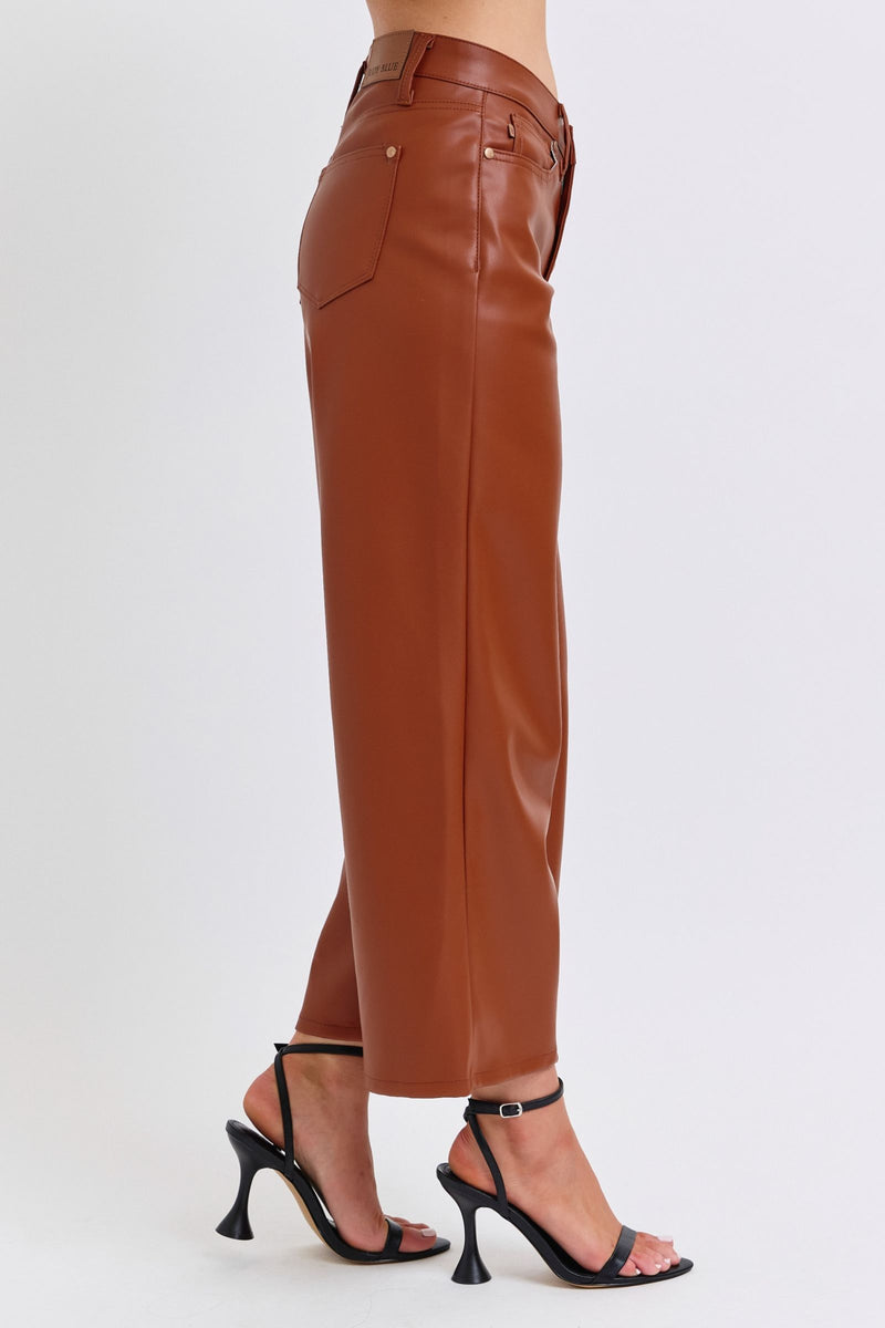 Judy Blue High Waist Tummy Control Camel Faux Leather Wide Leg Crop Denim Jeans 88900