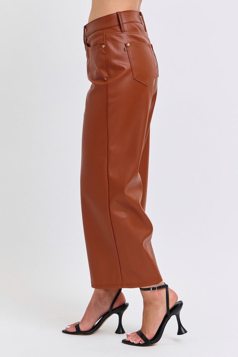 Judy Blue High Waist Tummy Control Camel Faux Leather Wide Leg Crop Denim Jeans 88900