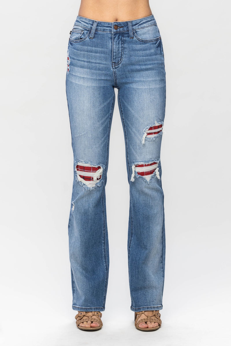 Judy Blue Mid Rise Plaid Patch Detail Bootcut Denim Jeans 88696