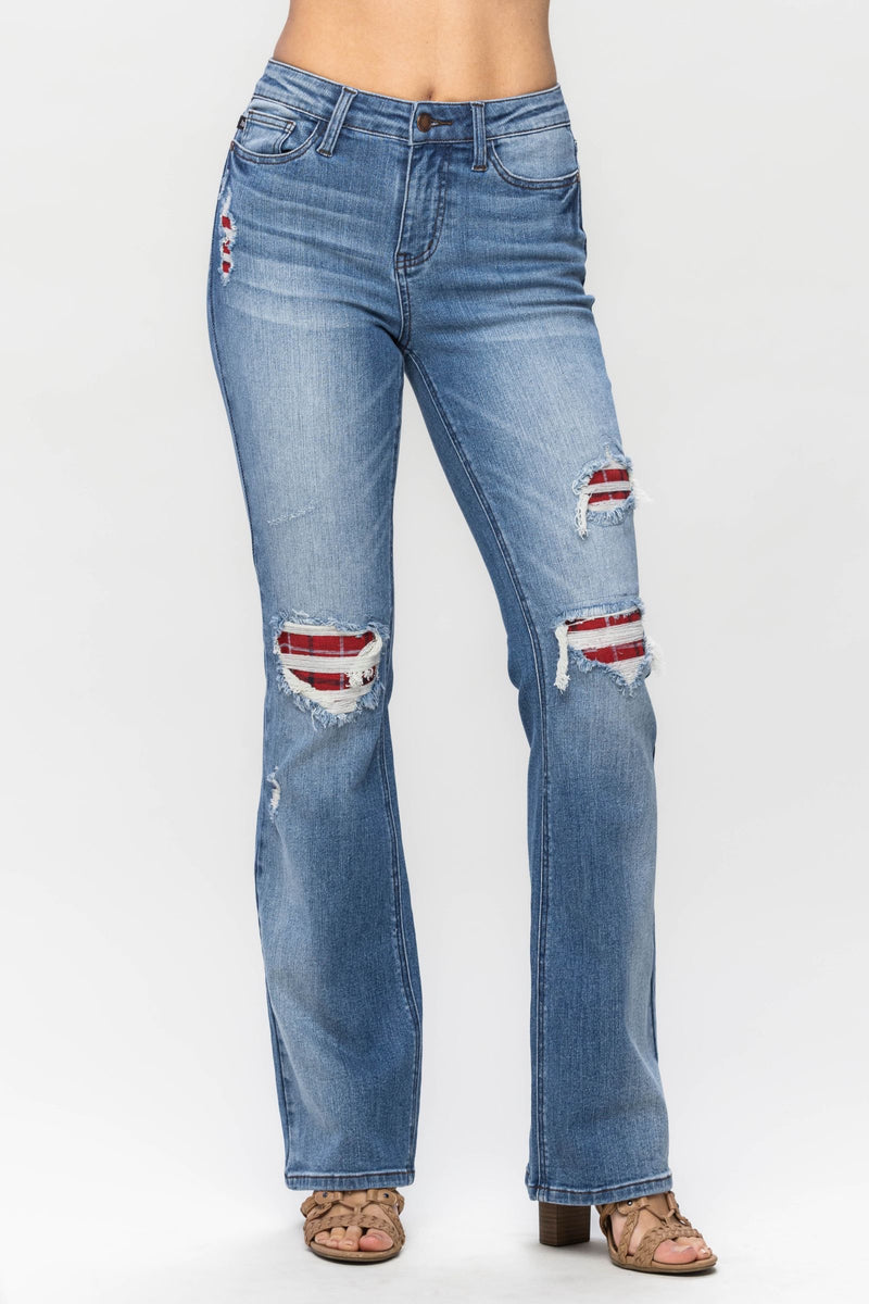 Judy Blue Mid Rise Plaid Patch Detail Bootcut Denim Jeans 88696