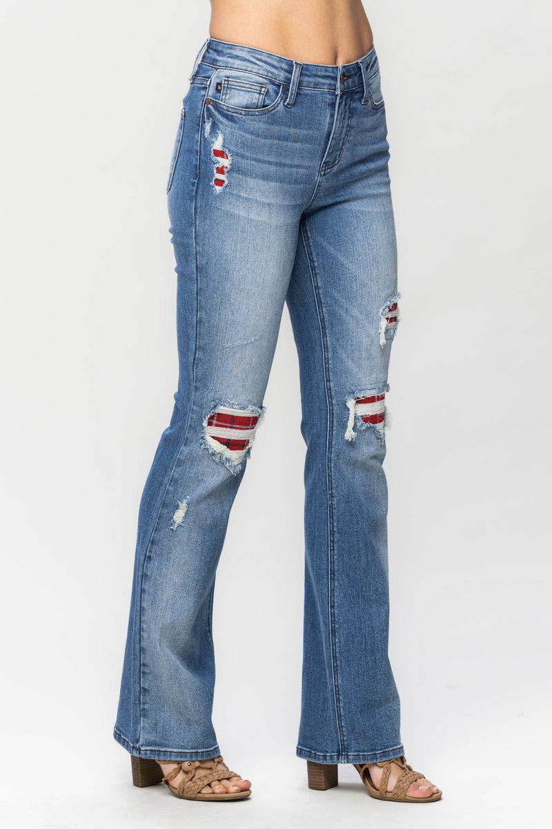 Judy Blue Mid Rise Plaid Patch Detail Bootcut Denim Jeans 88696