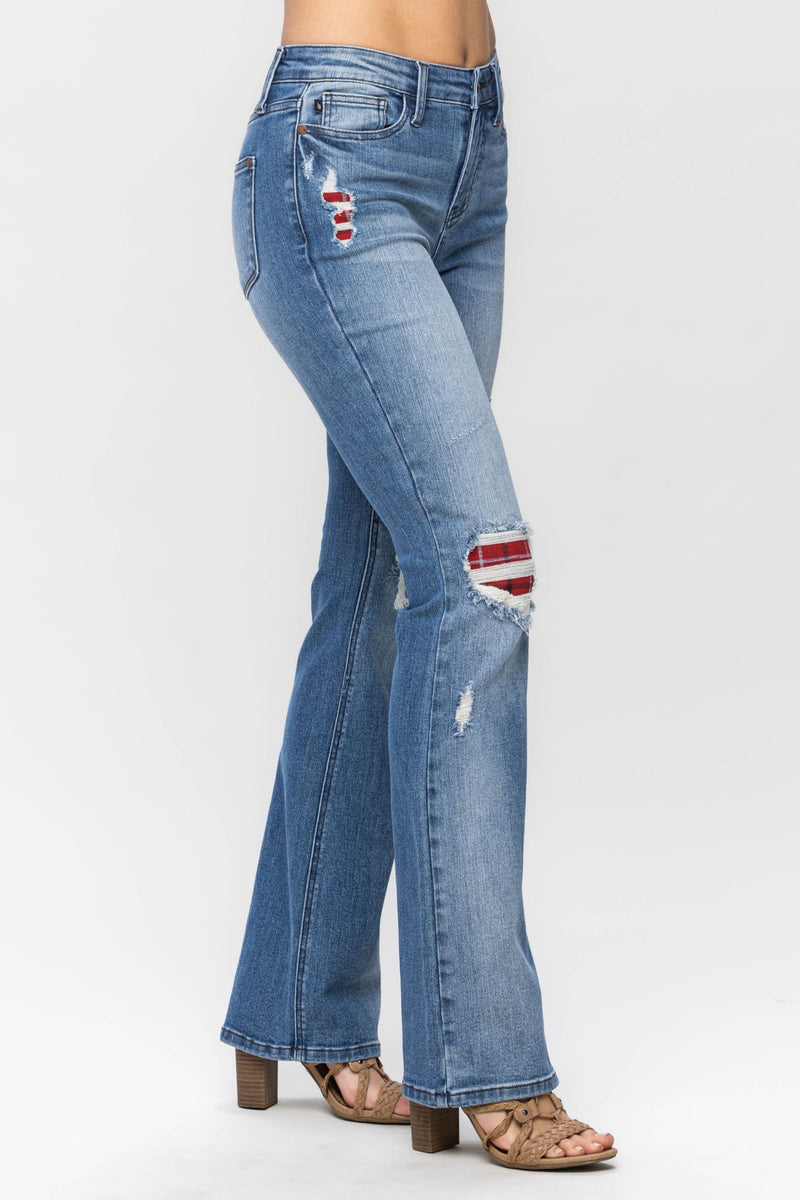 Judy Blue Mid Rise Plaid Patch Detail Bootcut Denim Jeans 88696