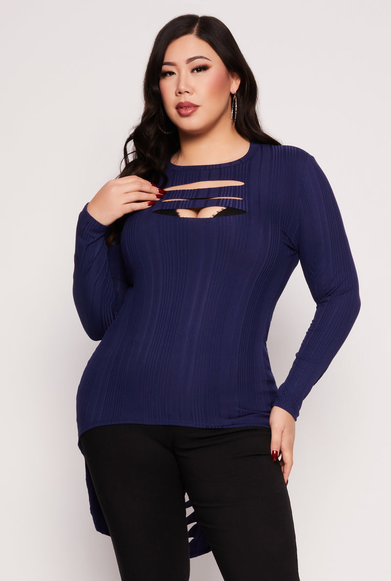 Plus Size Ribbed Laser Cut High Low Top