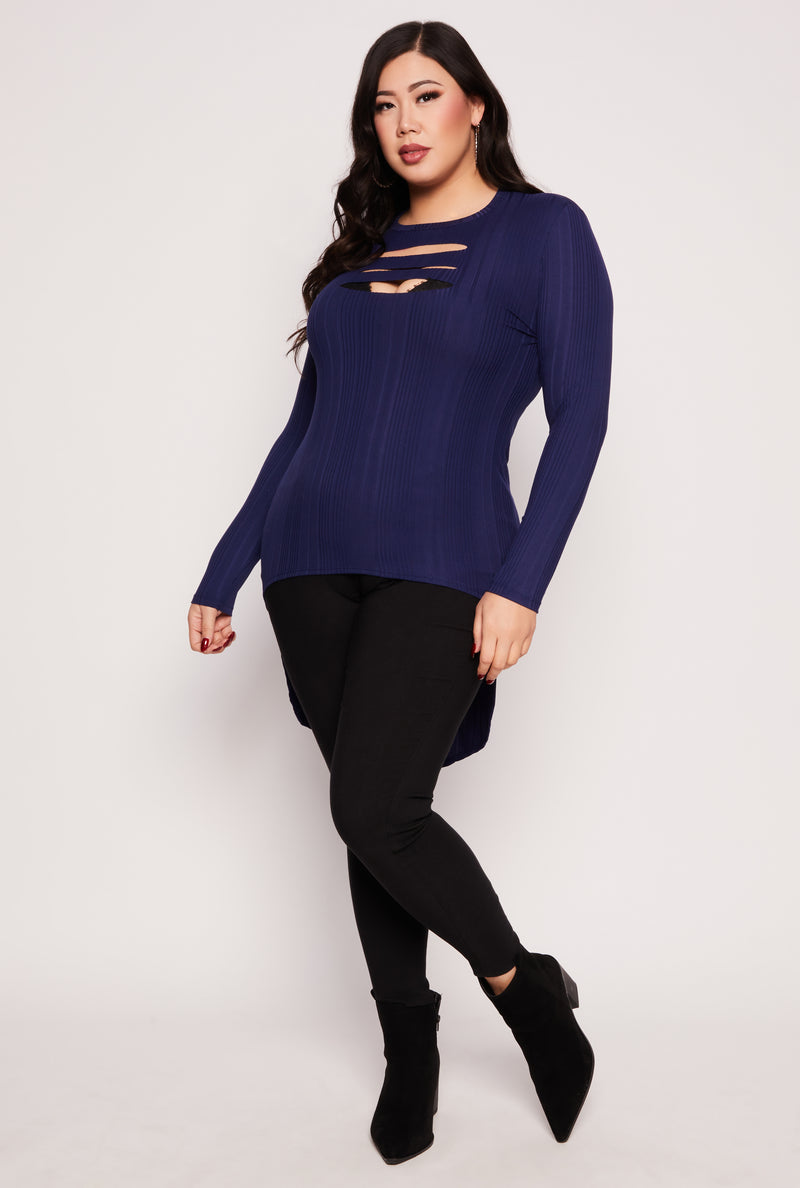 Plus Size Ribbed Laser Cut High Low Top