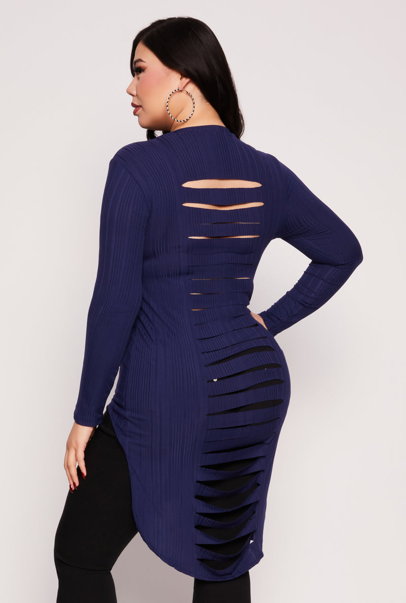 Plus Size Ribbed Laser Cut High Low Top