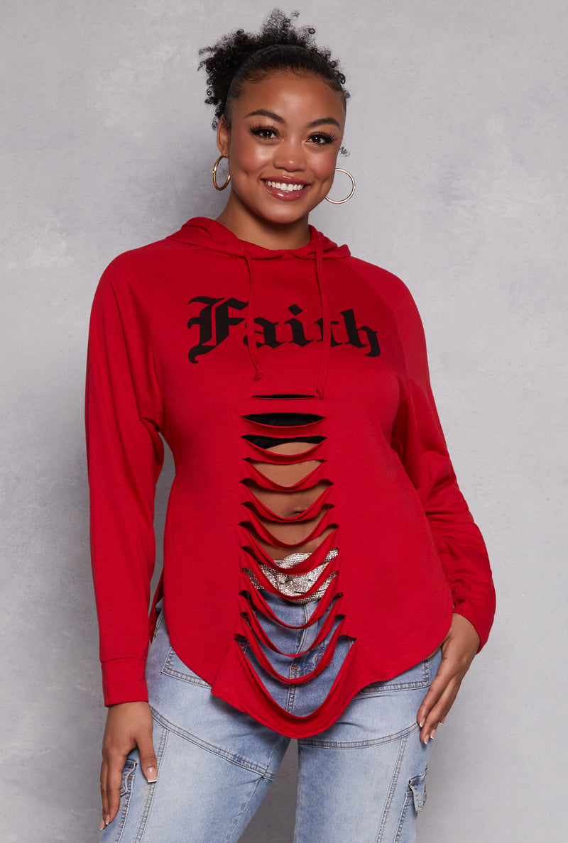 Plus Size Faith Graphic Slashed Hooded Top
